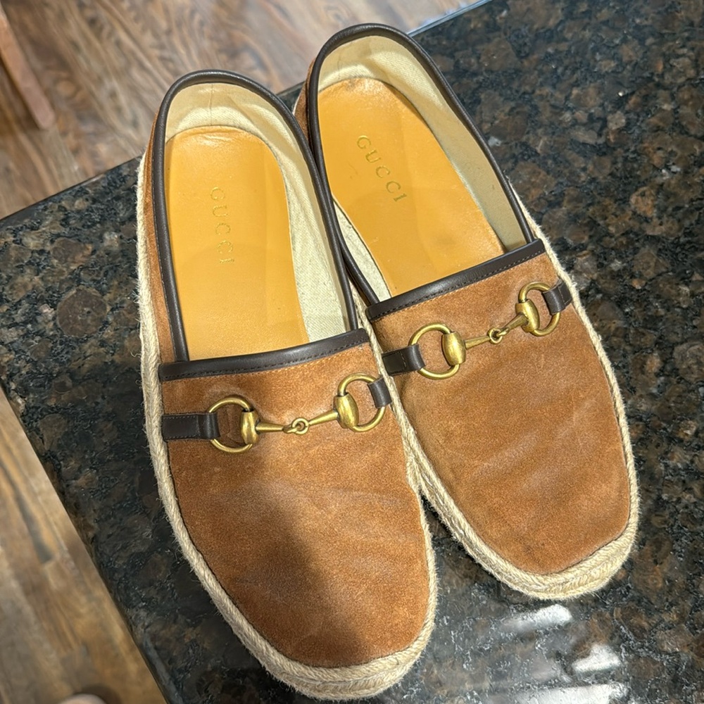 Gucci matador horsebit leather trimmed suede espadrilles